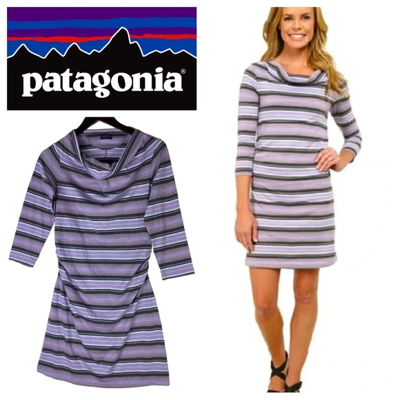 Patagonia Kamala Small 4 6 Dress Purple Stripe Cowl Neck - Picture 1 of 7
